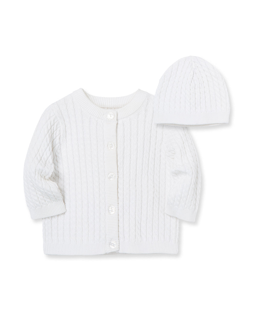 White Cable Sweater and Hat