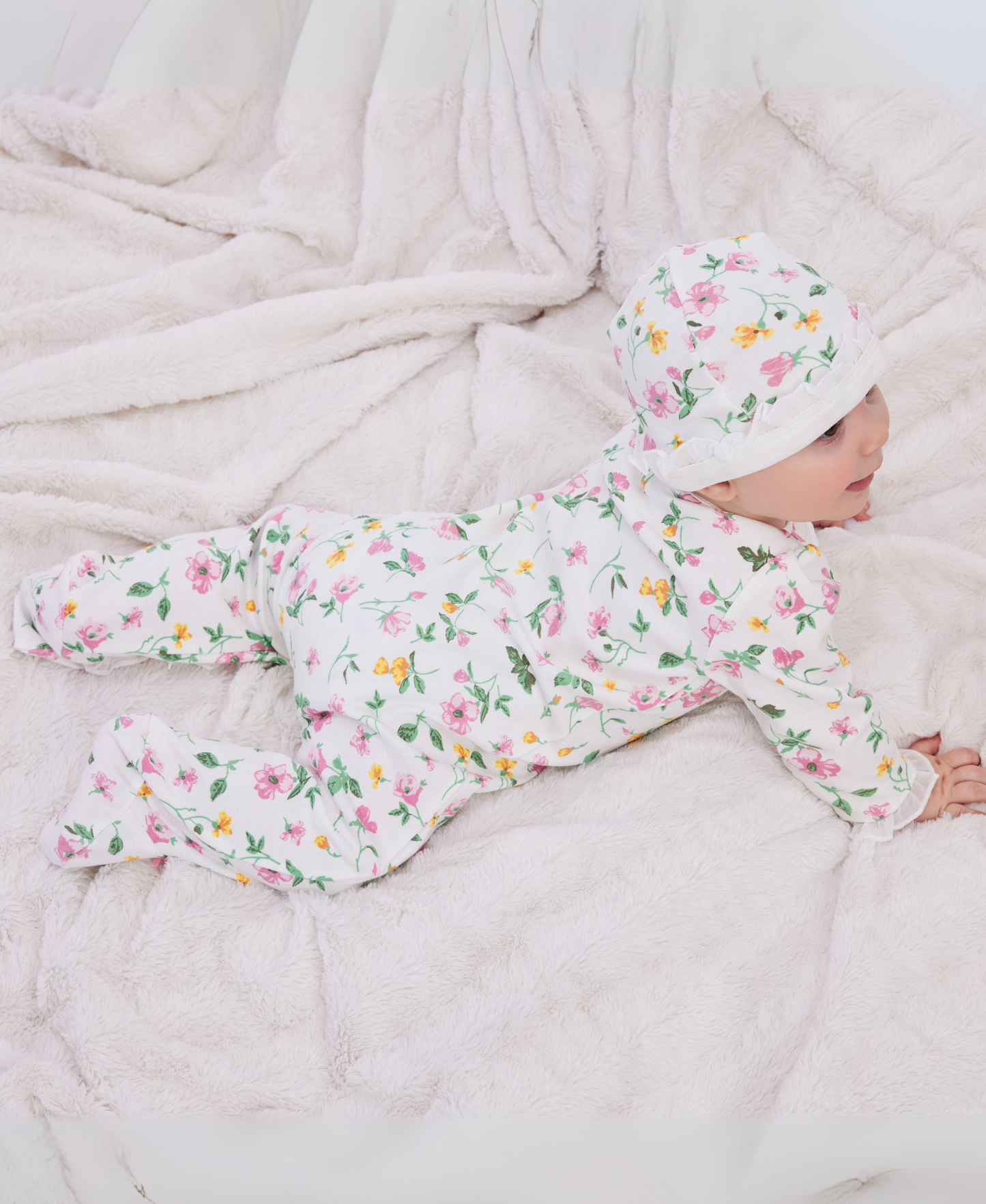 Floral Leaf 2-Way-Zip Footed One-Piece And Hat