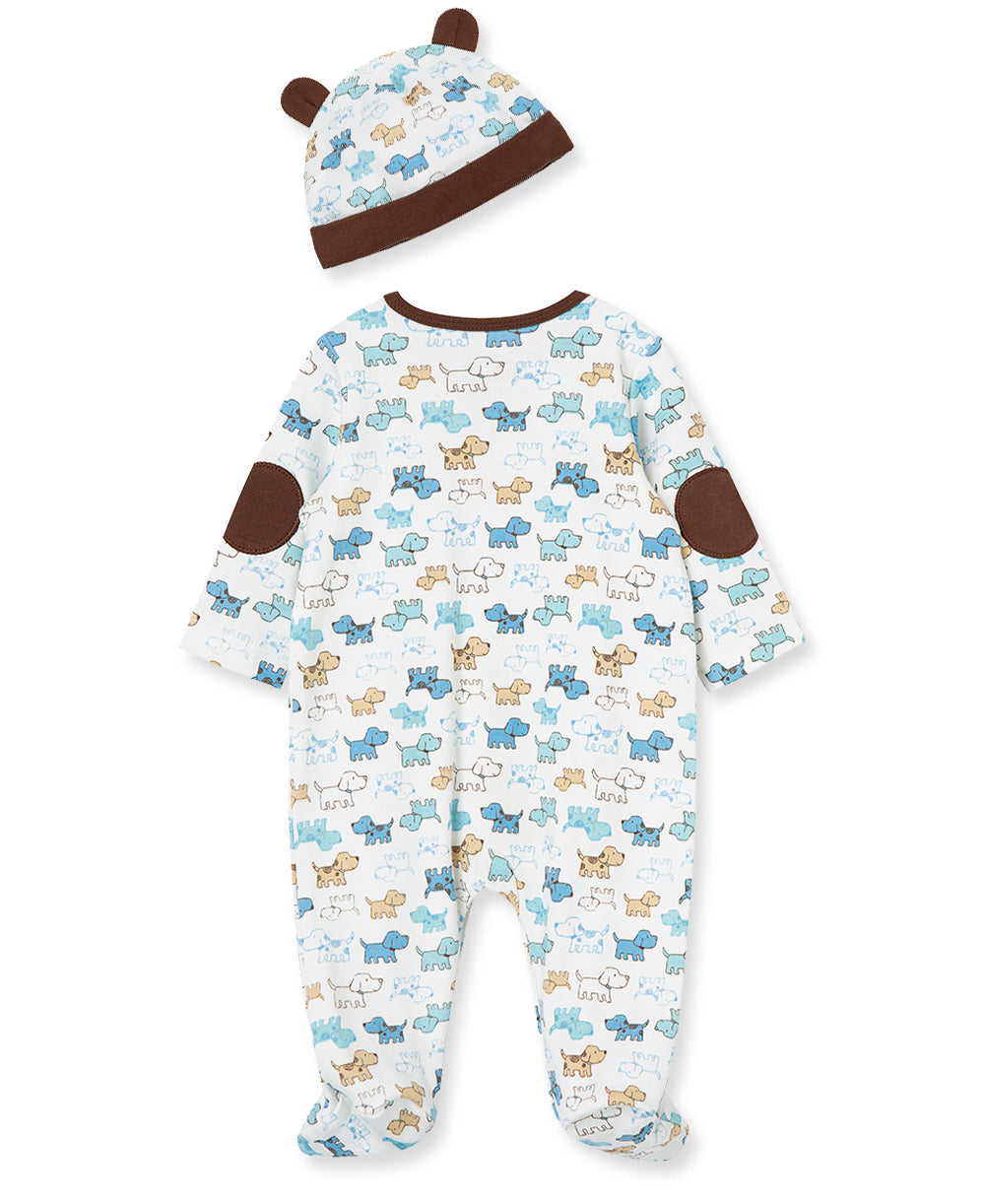 Cute Puppies Footed One-Piece And Hat