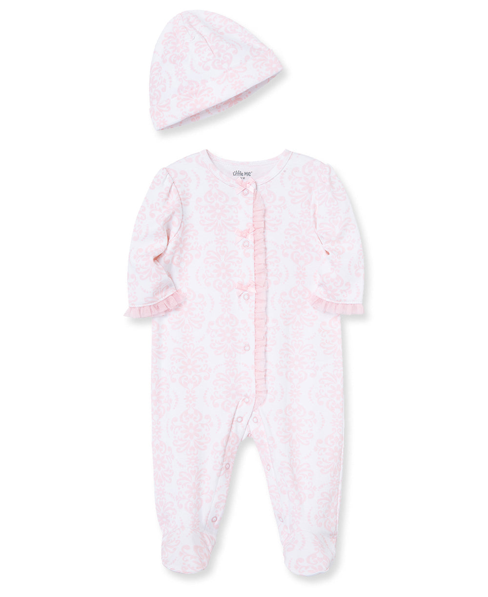Damask Scroll Footed One-Piece And Hat