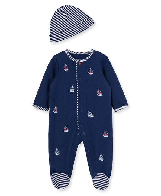 Sailboats Footed One-Piece And Hat