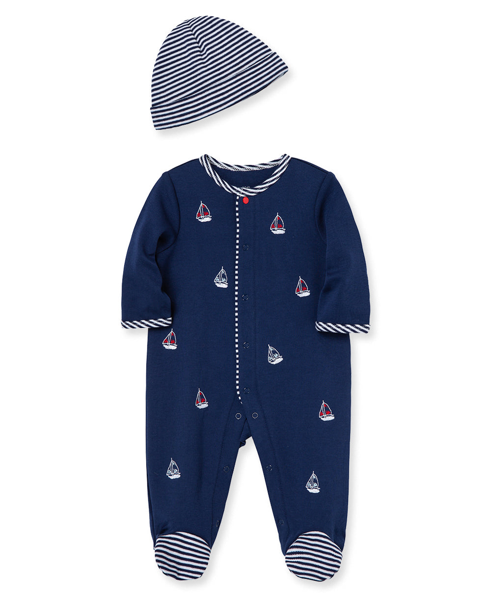 Sailboats Footed One-Piece And Hat