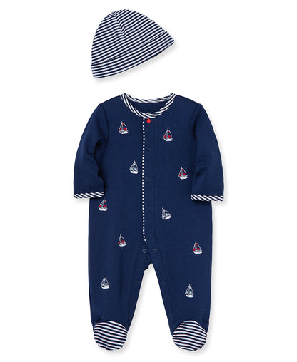 Sailboats Footed One-Piece And Hat