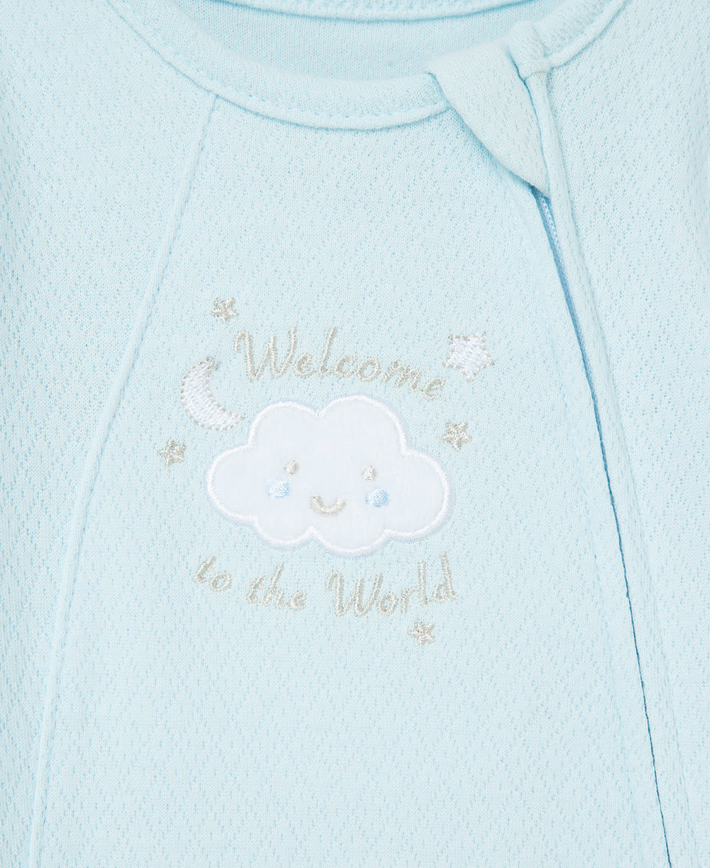 New Blue Welcome to the World Zip Front Footed One-Piece & Hat
