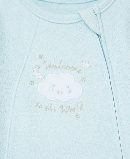 New Blue Welcome to the World Zip Front Footed One-Piece & Hat