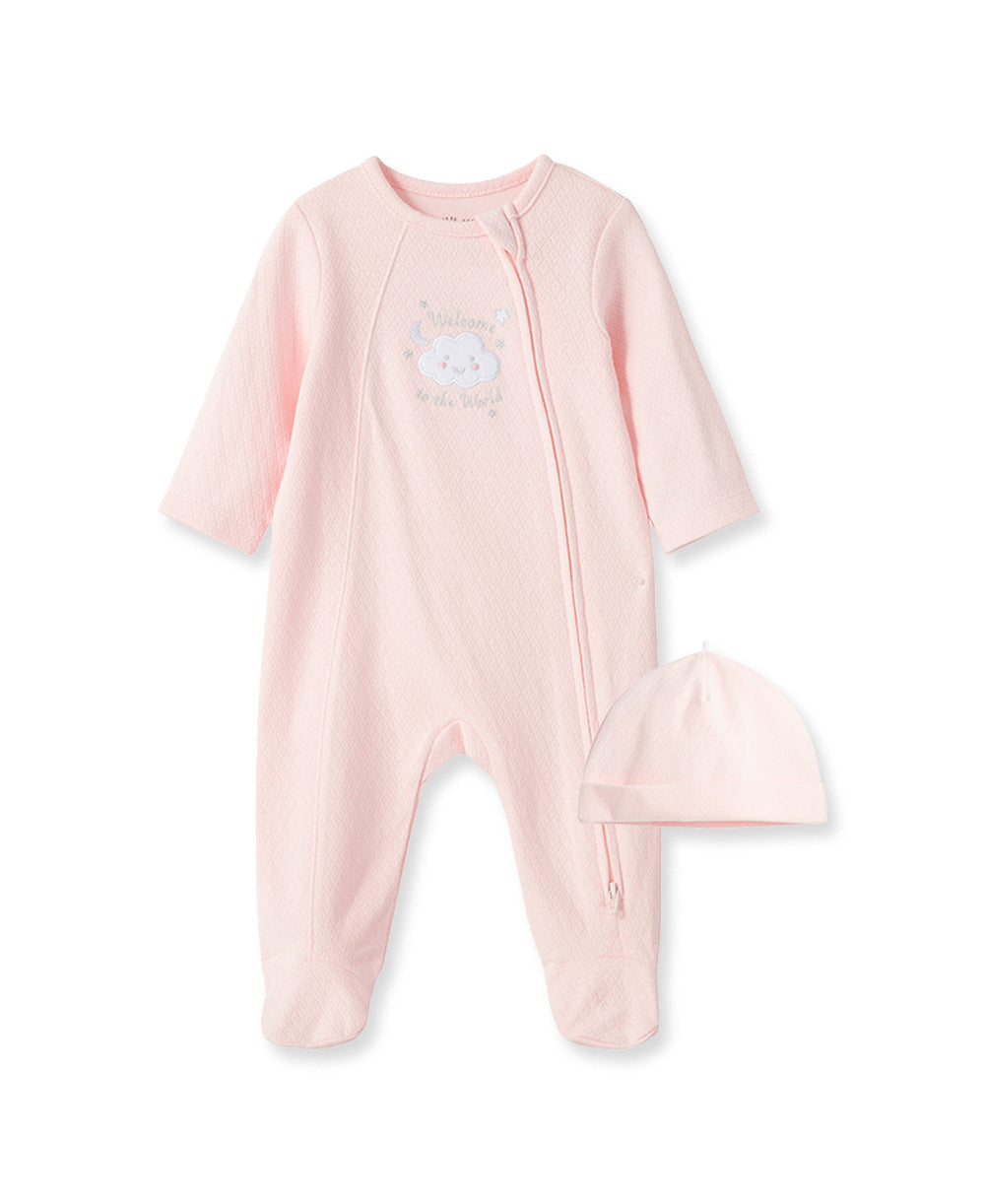 New Pink Welcome To The World Zip Front Footed One-Piece And Hat