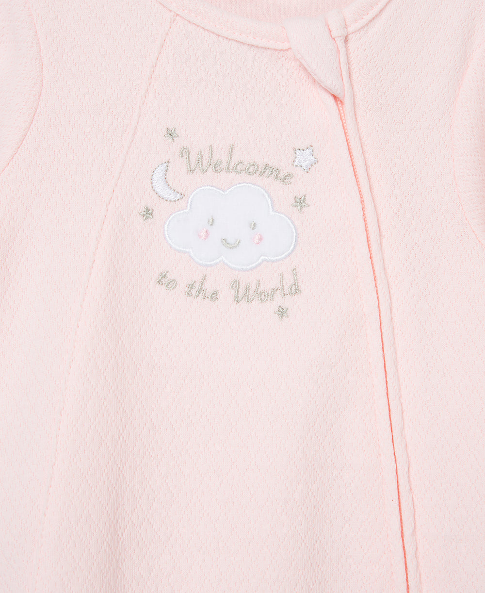 New Pink Welcome To The World Zip Front Footed One-Piece And Hat