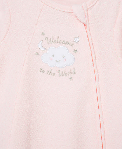 New Pink Welcome To The World Zip Front Footed One-Piece And Hat
