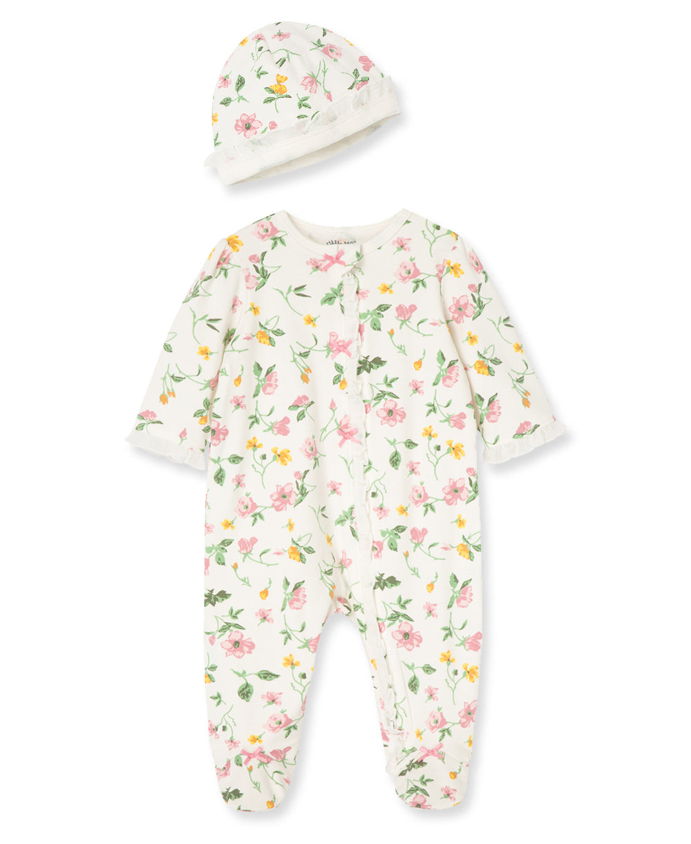 Floral Leaf 2-Way-Zip Footed One-Piece And Hat