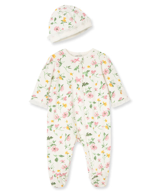 Floral Leaf 2-Way-Zip Footed One-Piece And Hat