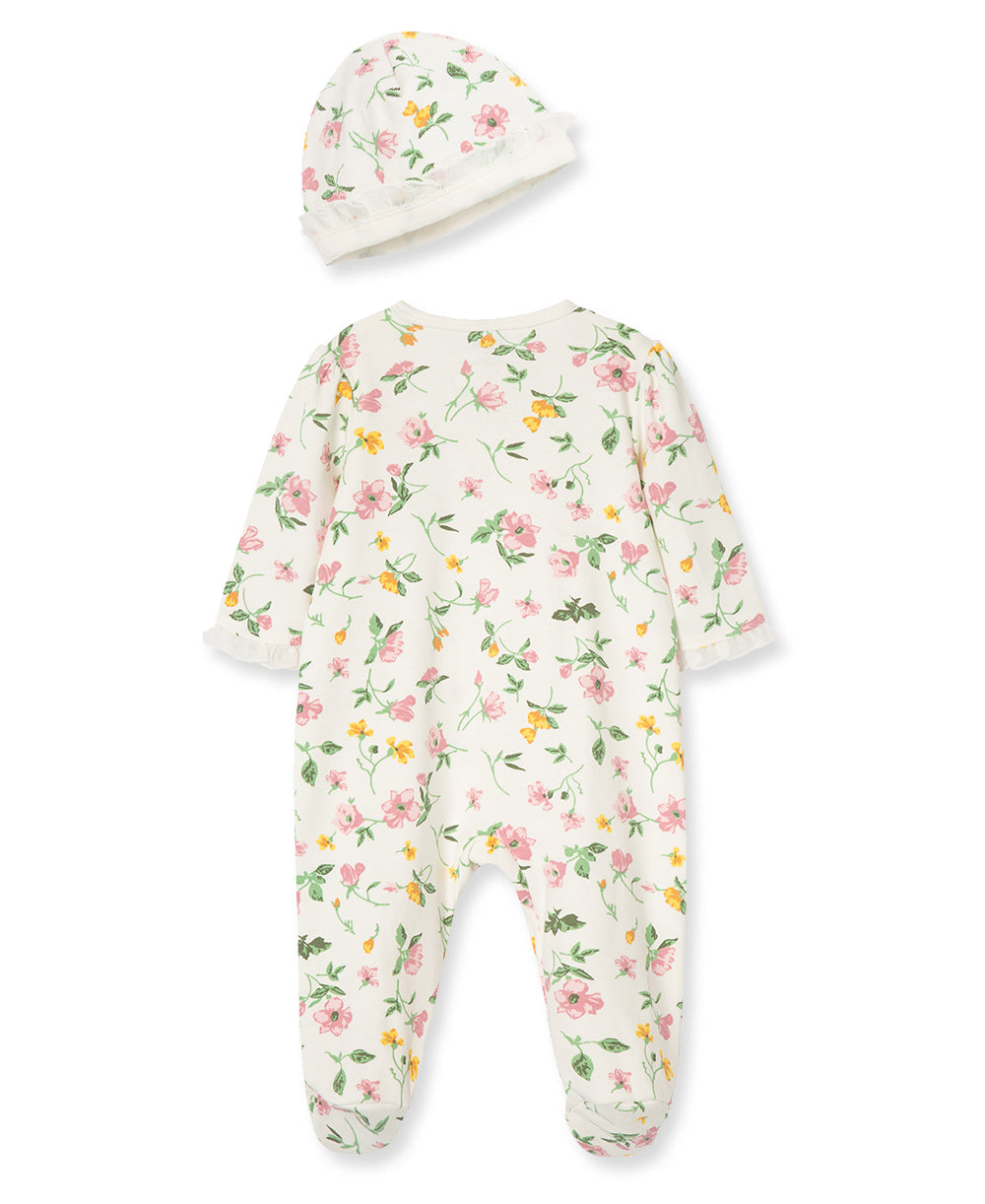 Floral Leaf 2-Way-Zip Footed One-Piece And Hat