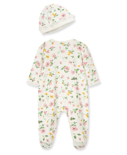 Floral Leaf 2-Way-Zip Footed One-Piece And Hat