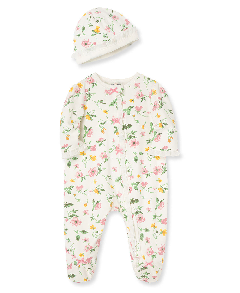 Floral Leaf 2-Way-Zip Footed One-Piece And Hat