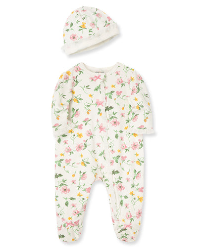 Floral Leaf 2-Way-Zip Footed One-Piece And Hat