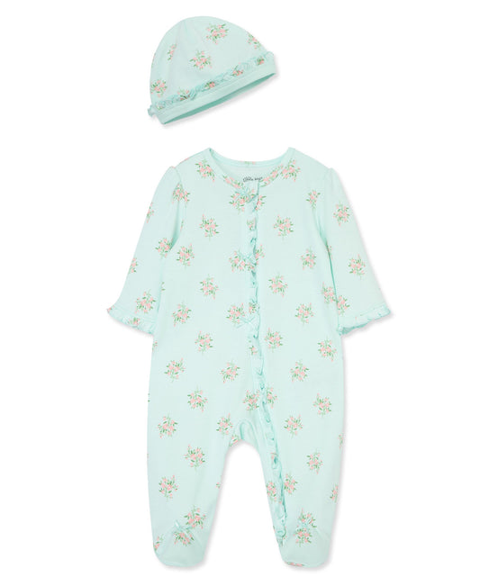 Delicate Floral Zip Footed One-Piece & Hat