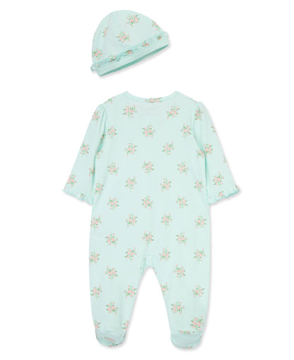 Delicate Floral Zip Footed One-Piece & Hat