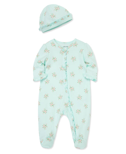 Delicate Floral Zip Footed One-Piece & Hat