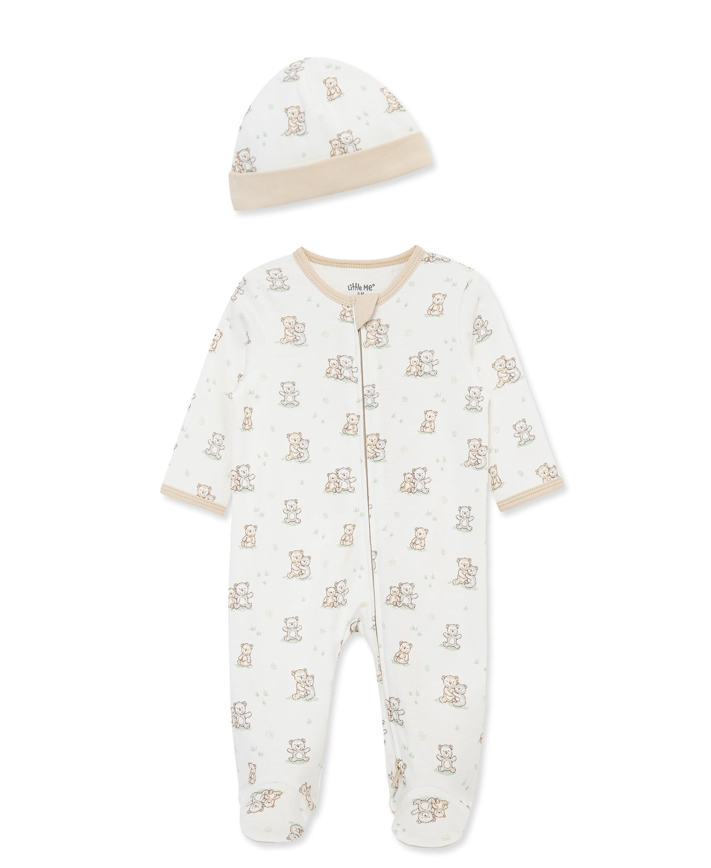 Fuzzy Bears 2-Way-Zip Footed One-Piece and Hat