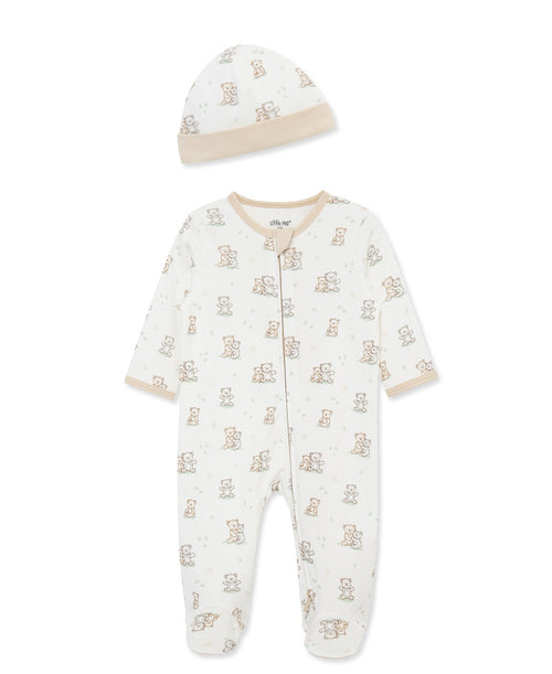 Fuzzy Bears 2-Way-Zip Footed One-Piece and Hat