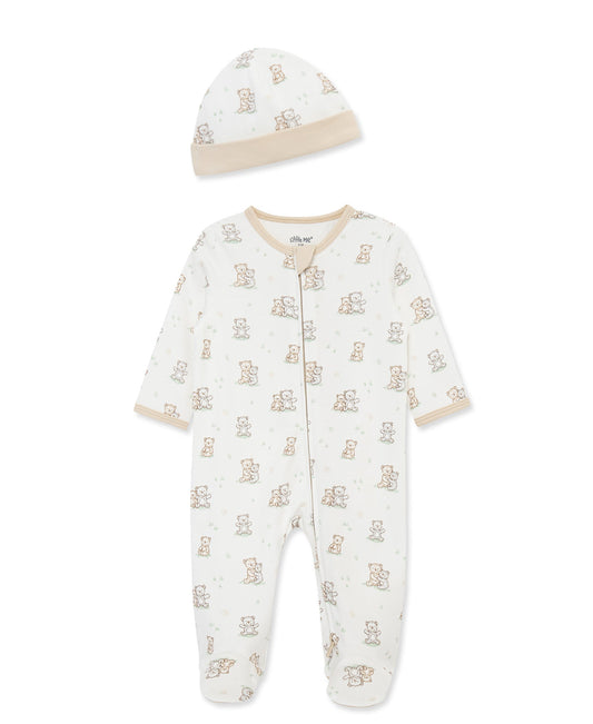 Fuzzy Bears 2-Way-Zip Footed One-Piece and Hat