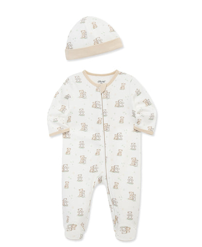 Fuzzy Bears 2-Way-Zip Footed One-Piece and Hat