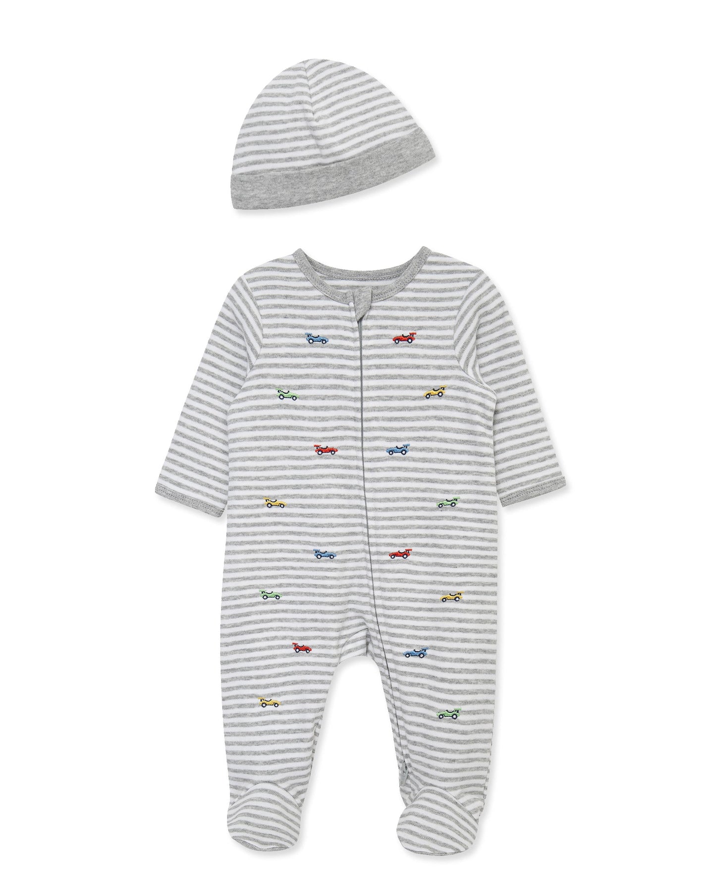 Race Cars 2-Way-Zip Footed One-Piece and Hat