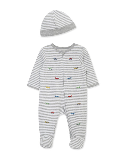 Race Cars 2-Way-Zip Footed One-Piece and Hat