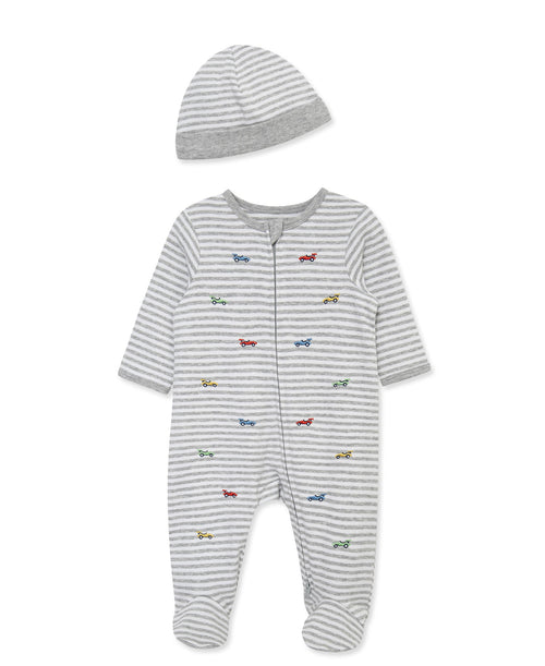 Race Cars 2-Way-Zip Footed One-Piece and Hat