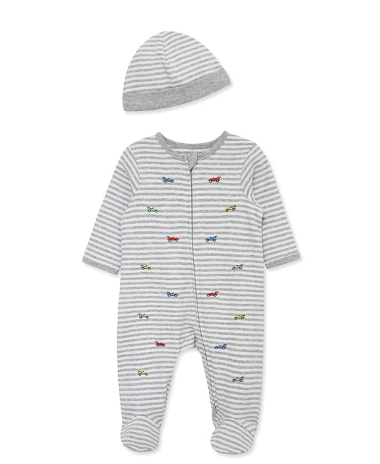 Race Cars 2-Way-Zip Footed One-Piece and Hat