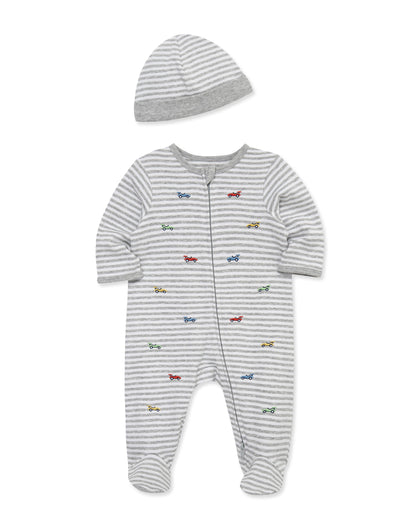 Race Cars 2-Way-Zip Footed One-Piece and Hat