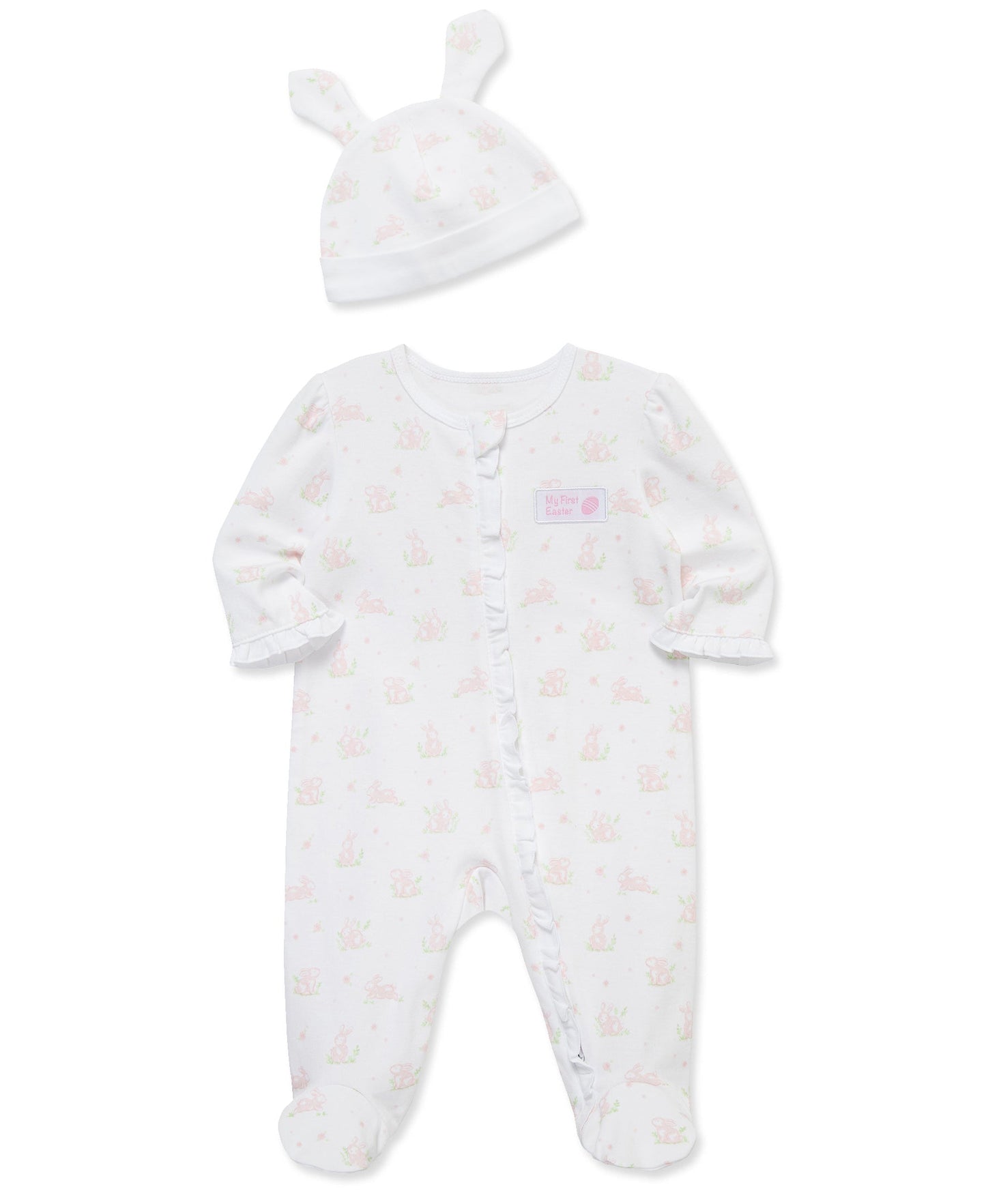 "My First Easter" Pink Bunny 2-Way-Zip Footed One-Piece & Hat