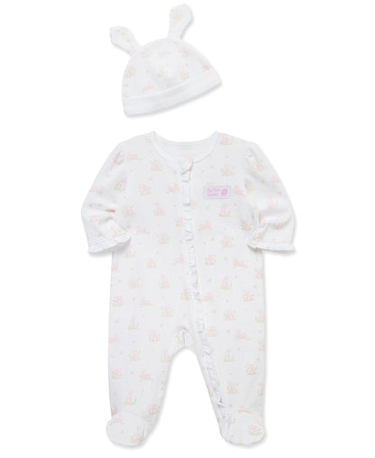 "My First Easter" Pink Bunny 2-Way-Zip Footed One-Piece & Hat