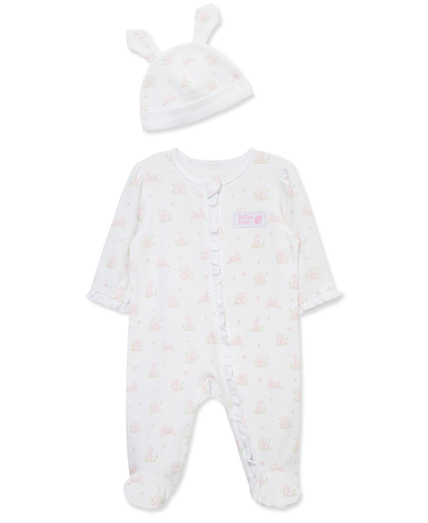 "My First Easter" Pink Bunny 2-Way-Zip Footed One-Piece & Hat