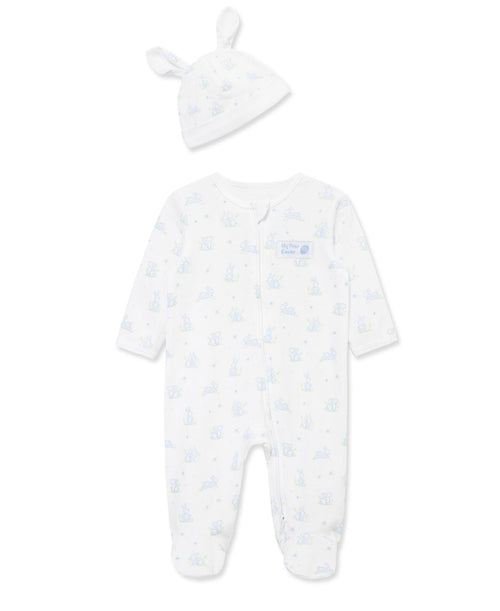 "My First Easter" Blue Bunny 2-Way-Zip Footed One-Piece & Hat