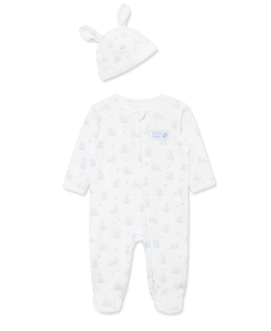 "My First Easter" Blue Bunny 2-Way-Zip Footed One-Piece & Hat