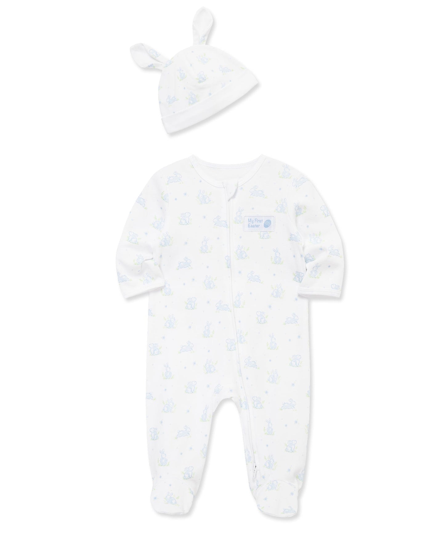 "My First Easter" Blue Bunny 2-Way-Zip Footed One-Piece & Hat