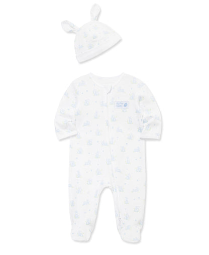 "My First Easter" Blue Bunny 2-Way-Zip Footed One-Piece & Hat