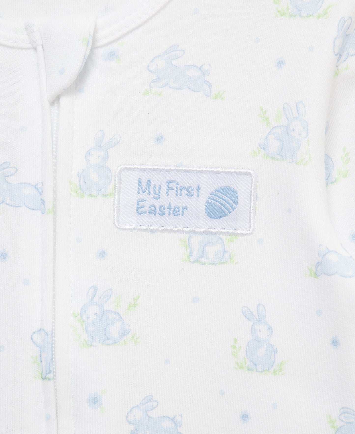 "My First Easter" Blue Bunny 2-Way-Zip Footed One-Piece & Hat