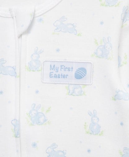 "My First Easter" Blue Bunny 2-Way-Zip Footed One-Piece & Hat