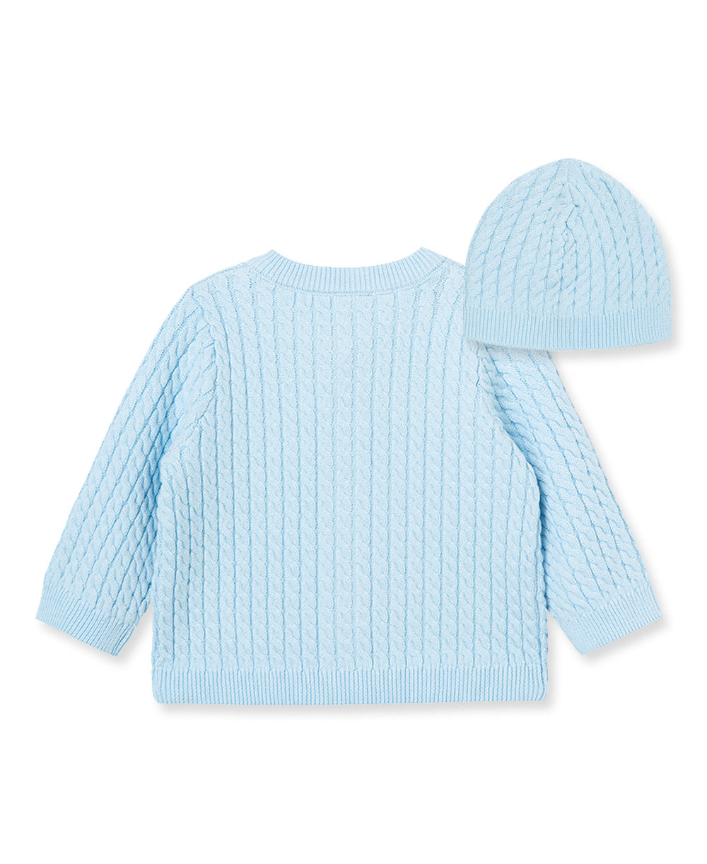 Blue Cable Sweater and Hat
