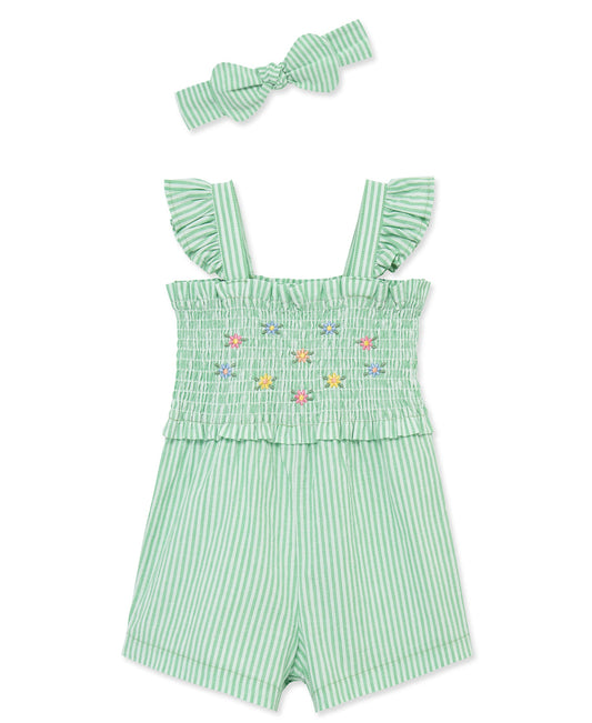 Green Embroidered Woven Romper & Headband (2T-4T)
