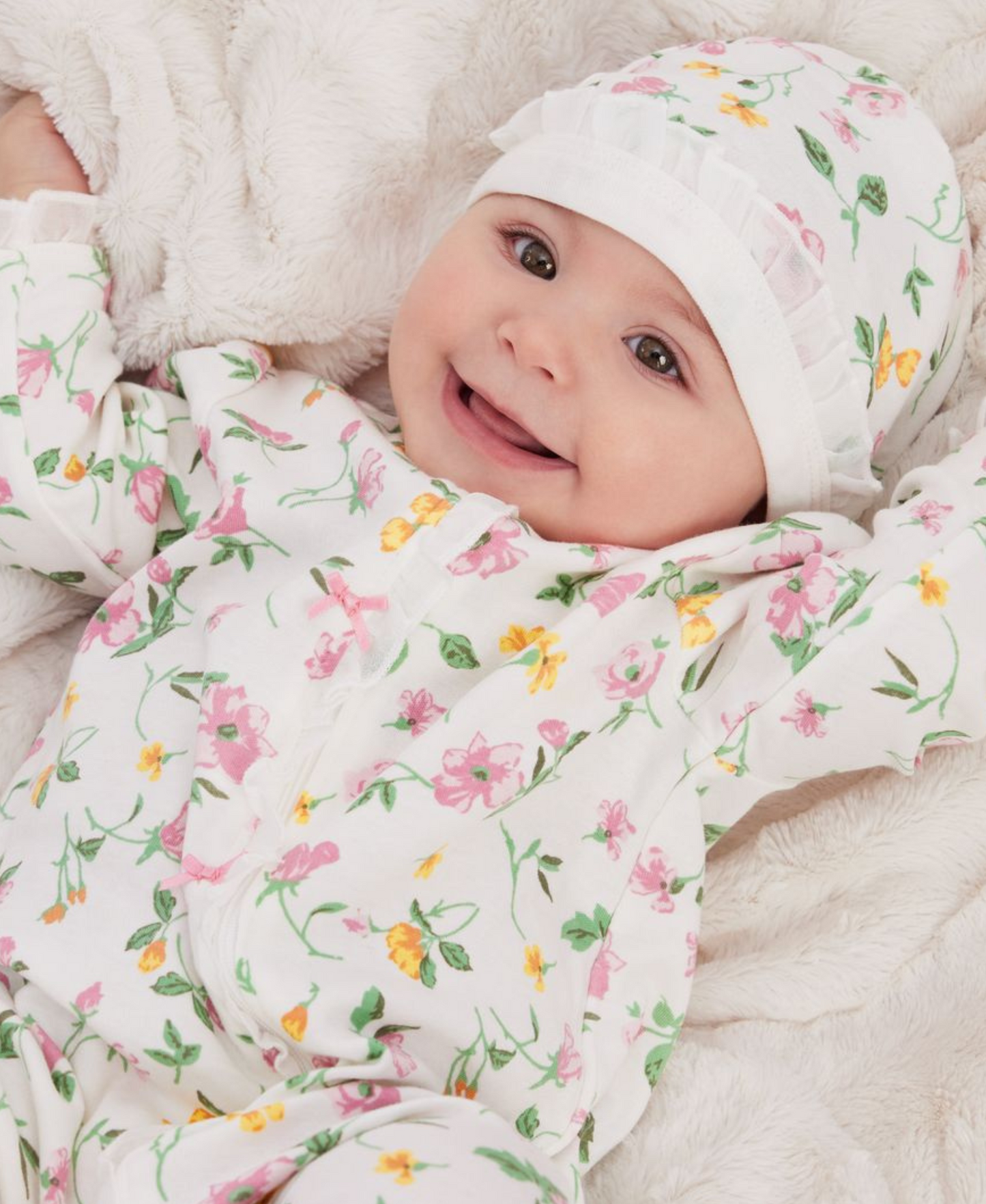 Floral Leaf 2-Way-Zip Footed One-Piece And Hat